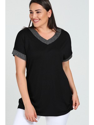 Curvy Trend Büyük Beden Yaka Simli Kısa Kol Bluz