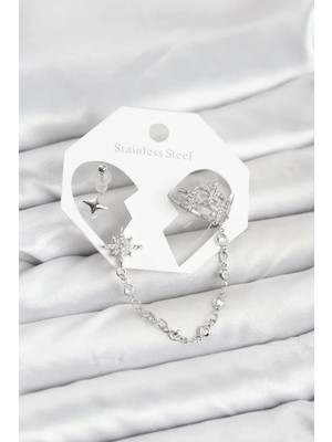 Kutup Yıldızı Model Pirinç Gümüş Renk Zincir Bağlantılı Ear Cuff Küpe Seti (VICE/1395)
