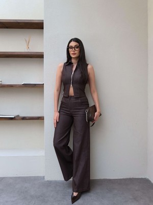 Esra Helvacı Çift Fermuarlı Yelek Pantolon Takım