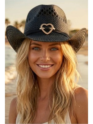 Tezzgelsin Kadın Hasır Kovboy Şapka Kalp Tokalı Western Bohem Yazlık Şapka