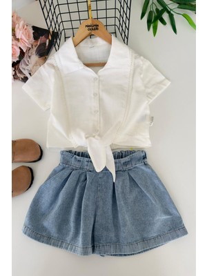 Miniğimin Cicileri Bağlama Detaylı Keten Gömlek & Denim Şort Kız Çocuk Takım - Beyaz