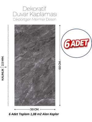 Brano 30X60 cm Kendinden Yapışkanlı Duvar,banyo,tezgah Arası Kaplama Antrasit Mermer