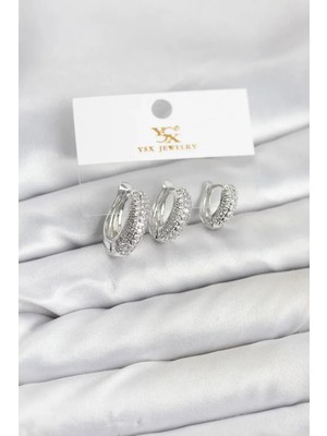 Pirinç Gümüş Renk Zirkon Taşlı Halka Model Ysx Trio Küpe Seti (VICE/1395)