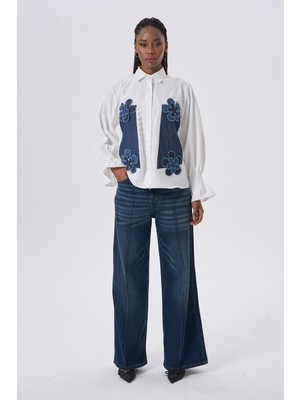 HANIQA Çiçek Desenli Denim Gömlek