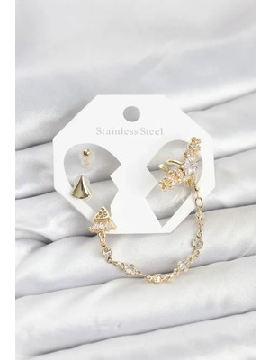 Pirinç Gold Renk Yıldızlı Model Zincir Bağlantılı Ear Cuff Küpe Seti (VICE/1395)