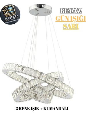 Kumsar Aydınlatma Kumandalı 3 Renk Işık Özellikli Modern Krom Kaplama Sarkıt LED Avize Salon Avize