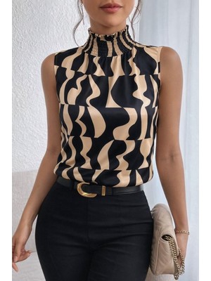 Kadın Kolsuz Balıkçı Yaka Desenli Süprem Bluz