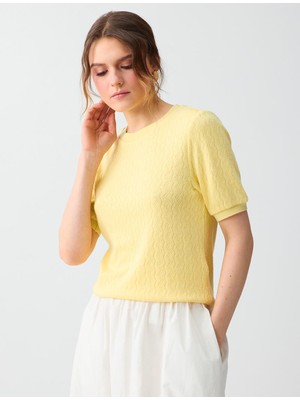 Jimmy Key Açık Sarı Kısa Kollu Yuvarlak Yaka Jakarlı Örme Bluz