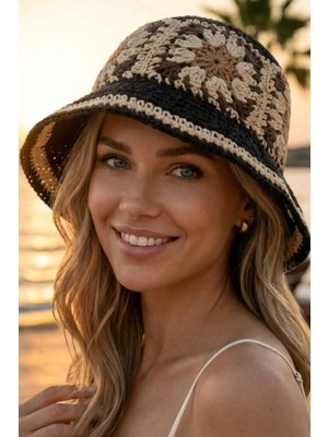Tezzgelsin Kadın Hasır Bucket Şapka Bohem Motifli Crochet Yazlık Plaj Şapkası