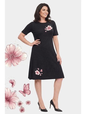 Curvy Trend Büyük Beden Hibiskus Çiçek Baskılı Yuvarlak Yaka Kısa Kol Viskon Elbise