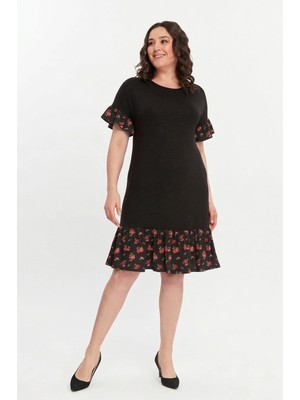 Curvy Trend Büyük Beden Kolucu Eteği Gül Desenli Fırfır Viskon Elbise