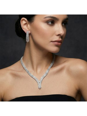 Valmont Accessories Zarif Su Yolu Kolye ve Küpe Takı Seti - Düğün, Kına, Nişan, Gelin Aksesuarı