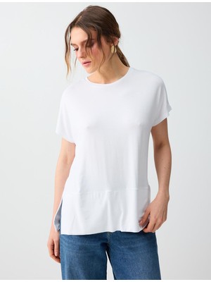 Jimmy Key Beyaz Rahat Kesim Yuvarlak Yaka Düşük Omuz Örme Bluz