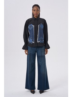 HANIQA Çiçek Desenli Denim Gömlek
