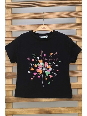 Önü Baskılı Bisiklet Yaka Kız Çocuk T-Shirt - Siyah