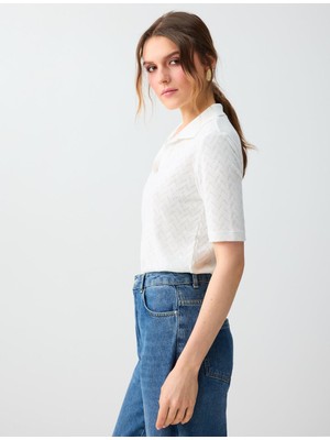 Jimmy Key Kırık Beyaz Kısa Kollu Polo Yaka Jakarlı Örme Bluz