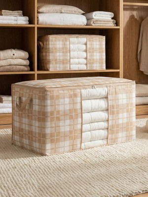 PremiumPort Büyük Boy Bej Kare Desenli Ekose Yastık ve Yorgan Seti 75X40X40 cm