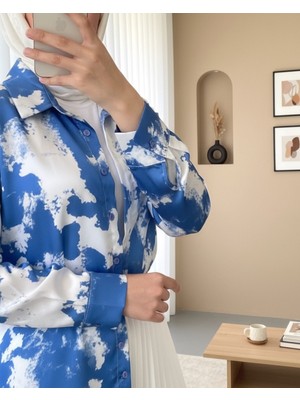 Moda Morfo Püskürtme Desen Saten Gömlek -Saks