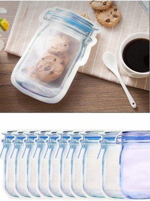 PremiumPort 10 Adet Büyük Boy Kavanoz Görünümlü Kilitli Saklama Poşeti 600 ml Mavi