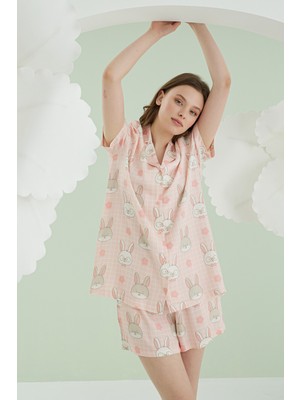Nbb Pembe Rabbit Önden Düğmeli Şortlu Pijama Takım