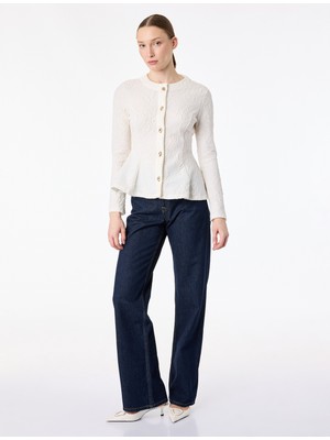 Koton Slim Fit Mücevher Düğme Detaylı Uzun Kollu Bisiklet Yaka Floral Dokulu Hırka