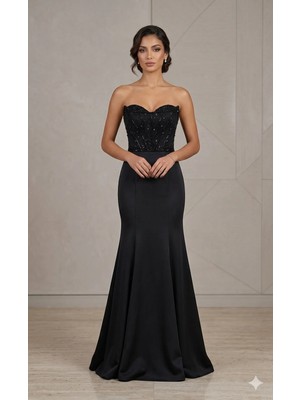 ARS300 Serisi Işlemeli Korse Büstiyerli Siyah Balık Abiye Elbise