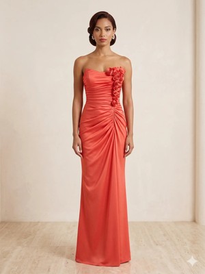 MP7670 Serisi Straplez Gül Detaylı Drapeli Mercan Saten Abiye Elbise