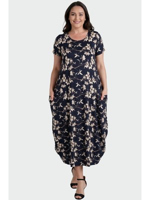 Curvy Trend Büyük Beden Krem Çiçek Desenli Baseni Geniş Kısa Kol Elbise