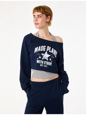 Koton Rahat Kalıp Uzun Kollu Boyundan Bağlama Detaylı Crop Baskılı Sweatshirt