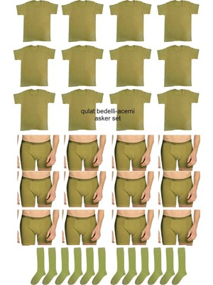 Qulat 12'li Asker İç Çamaşır Seti Yarım Kollu Atlet Boxer Haki Pamuklu Rahat Kesim Erkek