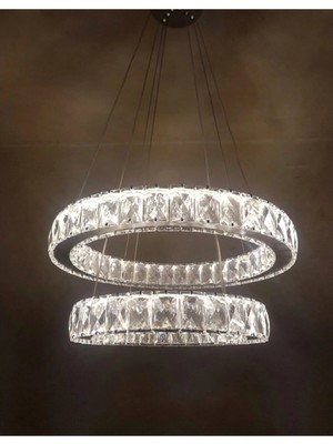 Kumsar Aydınlatma Ghome Modern Gümüş Sarkıt Kristal Taşlı Üç Renk LED Ikili Avize