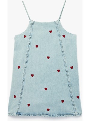 Koton Kare Yaka Kalp Desenli Askılı Denim Jile Elbise