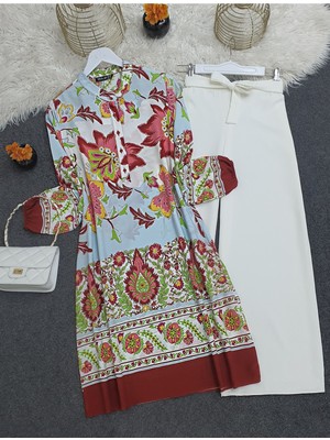 Moda Morfo Çiçek Desenli Yarım Düğmeli Pamuk Viskon Tunik -Kiremit