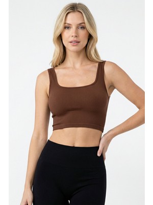 Nbb Kahverengi Kare Yaka Dikişsiz Crop Body