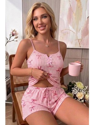 Bella Notte Yazlık Pembe Ekose Desenli Fiyonk Detaylı Askılı Şortlu Kadın Pijama Takımı