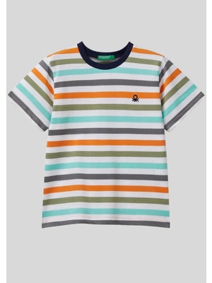 Benetton Logolu Renk Bloklu Çizgili Kısa Kollu Çocuk Tişörtü
