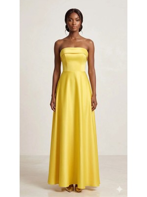 MP7540 Serisi Straplez Minimalist Saten Sarı Abiye Elbise