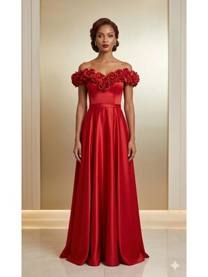 ONS240 Serisi Düşük Omuz Gül Detaylı Kırmızı Saten Abiye Elbise