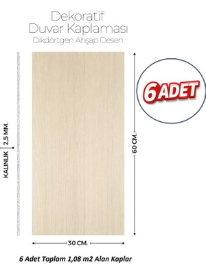 Brano 30X60 cm Kendinden Yapışkanlı Duvar,banyo,tezgah Arası Kaplama Doğal Ahşap Desen 6 Adet