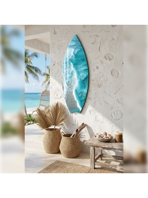 Decorita Sörf Tahtası Şekilli Modern Cam Tablo | Mavi Okyanus | 33CM x 99,5cm
