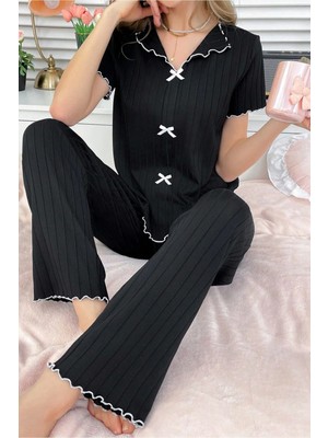 Bella Notte Pamuklu Siyah Fitilli Mevsimlik Kadın Pijama Takımı
