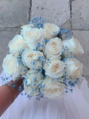 Caelia Gelin Buketi Nikah Çiçeği, Beyaz Gül Yapay ve Kuru Çiçek Buketi, Yaka Çiçeği Hediye Mavi Patso