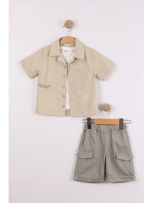 Joy Kids Erkek Çocuk Lıfe Is Good Nakışlı 3 Parça Keten Takım (2-5yaş) (Koyu Yeşil)