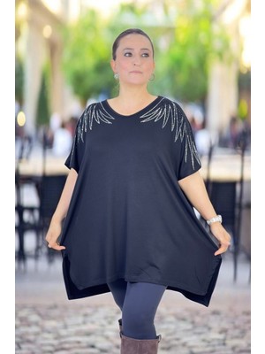 Melek Kol Taş Işlemeli Kısa Kol Bol Kesim Viskon Kumaş Ekstra Büyük Beden Bluz