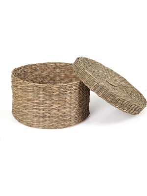 PremiumPort Natürel Hasır Kapaklı Büyük Yuvarlak Sepet