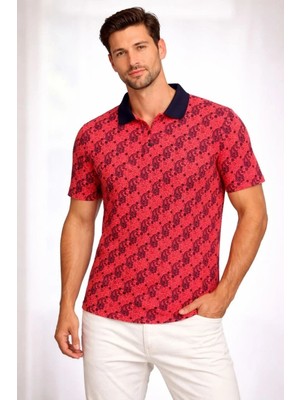 Mzp Kartan Erkek Pike Kumaş Polo Yaka Palmiye Desenli Tişört Kısa Kol Yazlık T-Shirt - Kırmızı