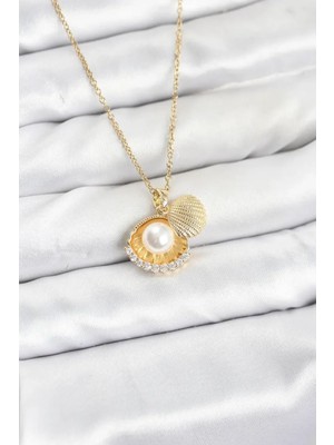 Vice Avm 316L Çelik Zincir Gold Renk Incili Deniz Kabuğu Model Zirkon Taşlı Kadın Kolye (VICE/1395)