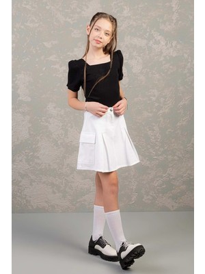 Kız Çocuk Kargo Cepli Piliseli Kot Eteke - Beyaz - 10-11 Yaş