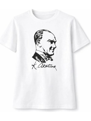 Mzp Kartan Erkek Çocuk Atatürk Baskılı Tişört Kısa Kollu Bisiklet Yaka T-Shirt - Beyaz