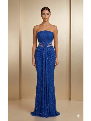 MP7680 Serisi Straplez Kristal Işlemeli Saks Mavisi Balık Abiye Elbise